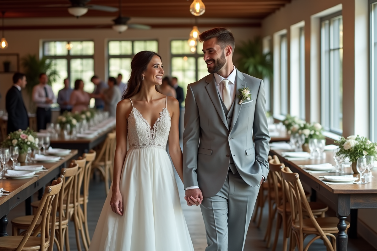 Jeune couple marié souriant dans une salle de réception chaleureuse