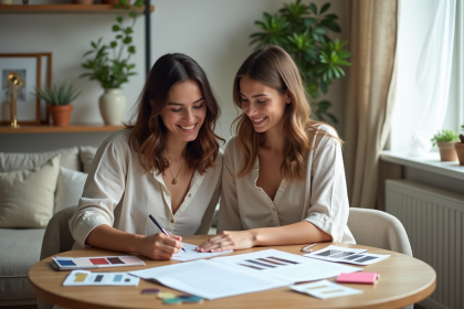 Jeune couple planifiant leur mariage à la maison