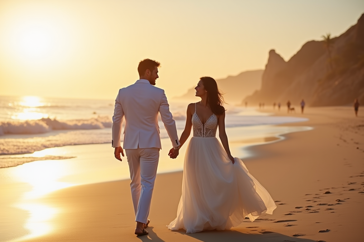 Jeune couple marié marchant main dans la main sur la plage au coucher de soleil