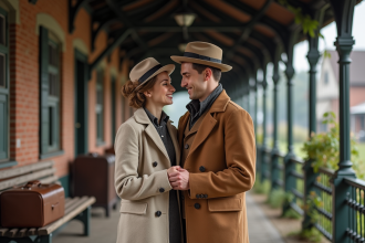 Jeune couple de mariés vintage souriant à la gare
