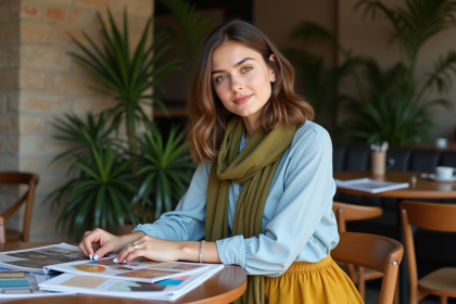 Jeune femme dans un café avec échantillons de couleurs