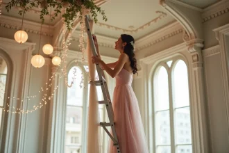 Jeune femme en robe rose suspendant des drapes dans une salle élégante