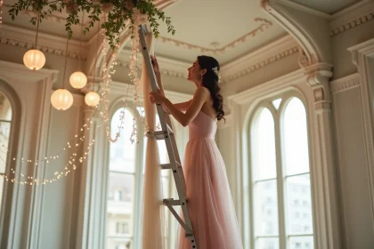 Jeune femme en robe rose suspendant des drapes dans une salle &eacute;l&eacute;gante