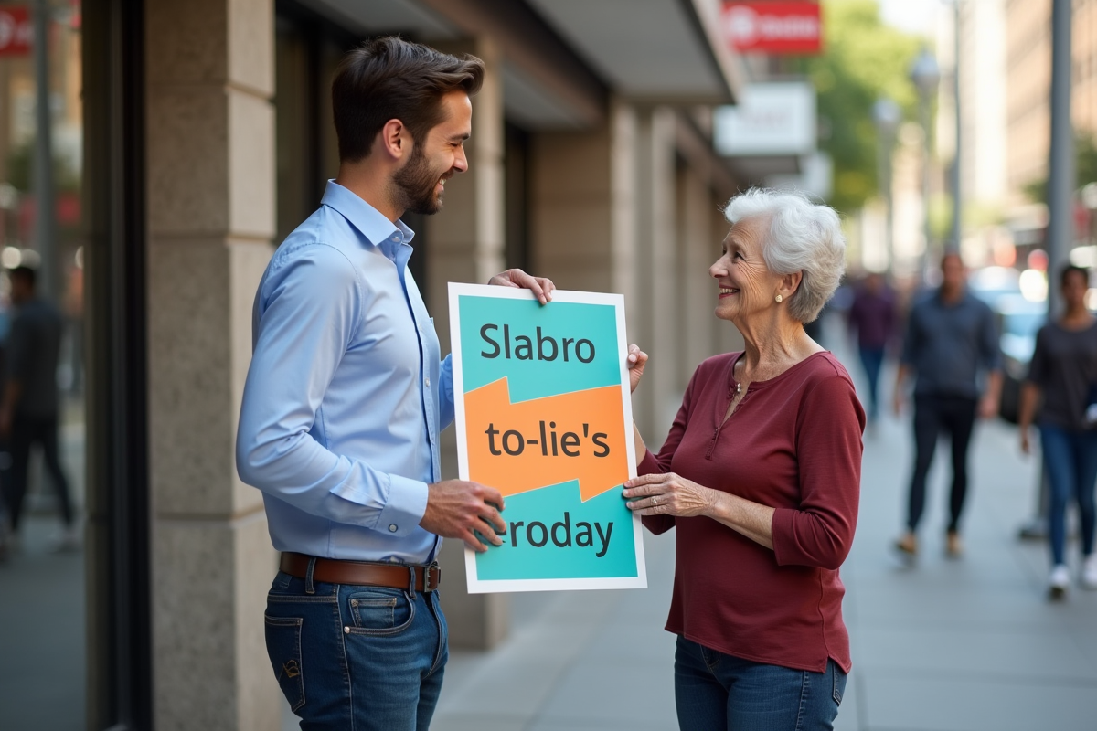 Jeune homme montrant une affiche de collecte de fonds en ville