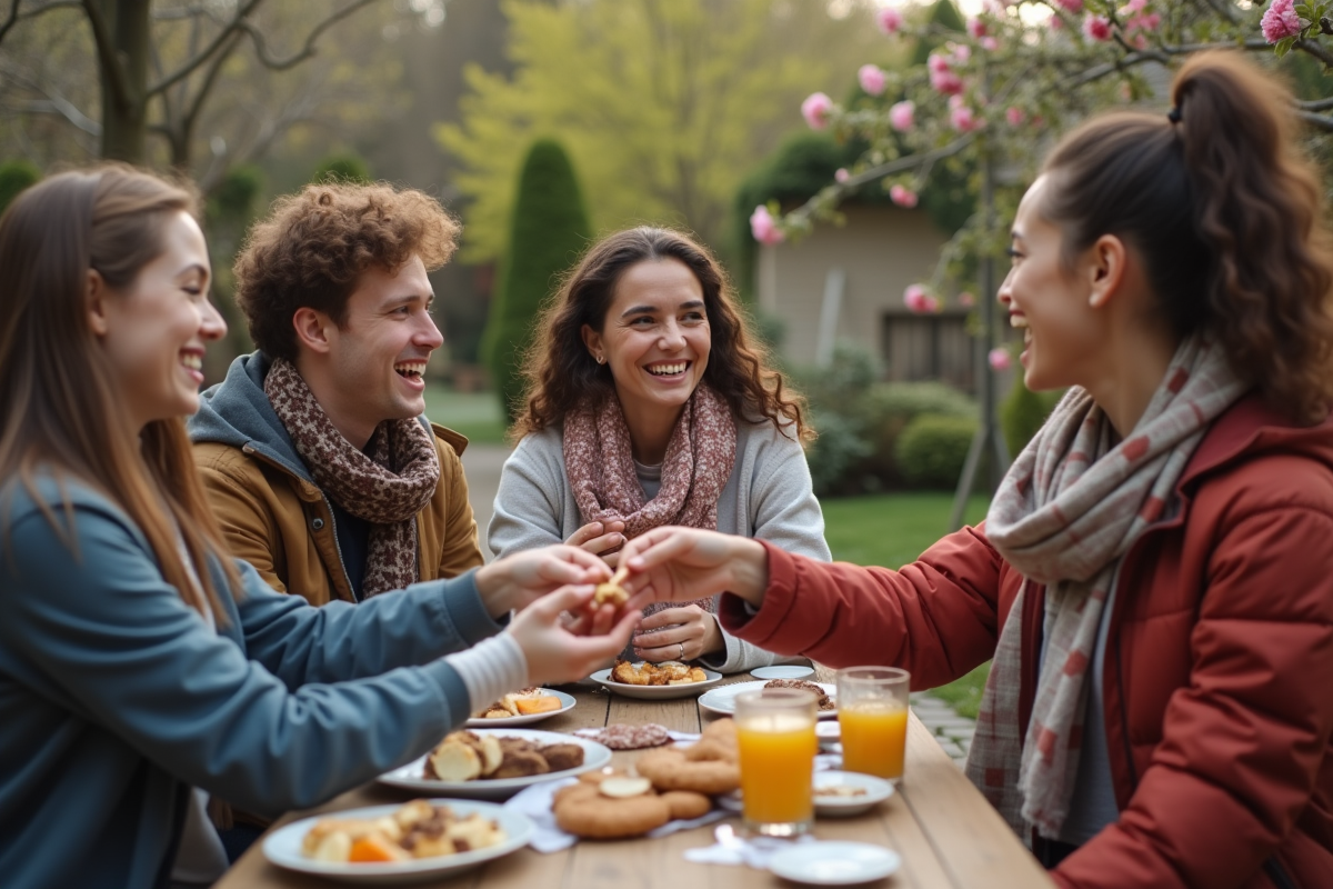 Jeunes adultes jouant dans un jardin au printemps avec accessoires amusants