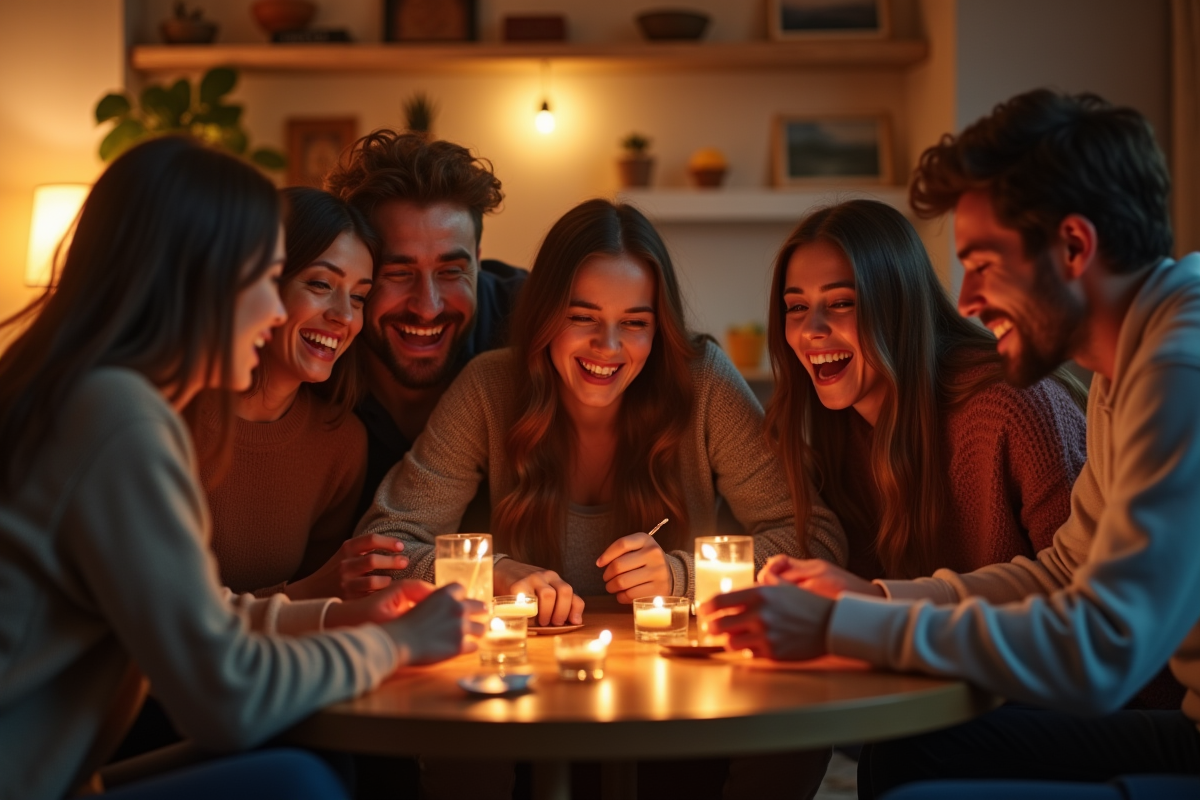 Amis jouant à un jeu de société dans un salon chaleureux