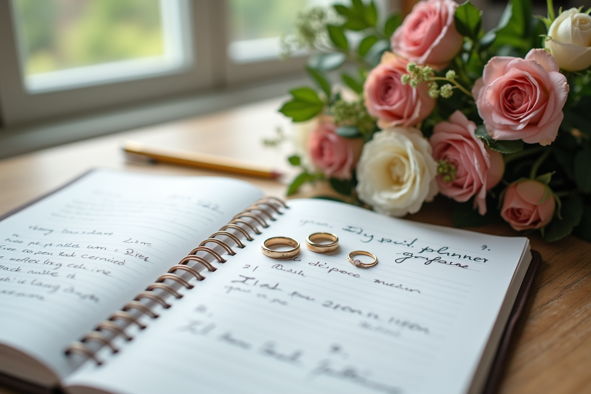 Carnet de planification de mariage avec anneaux et fleurs