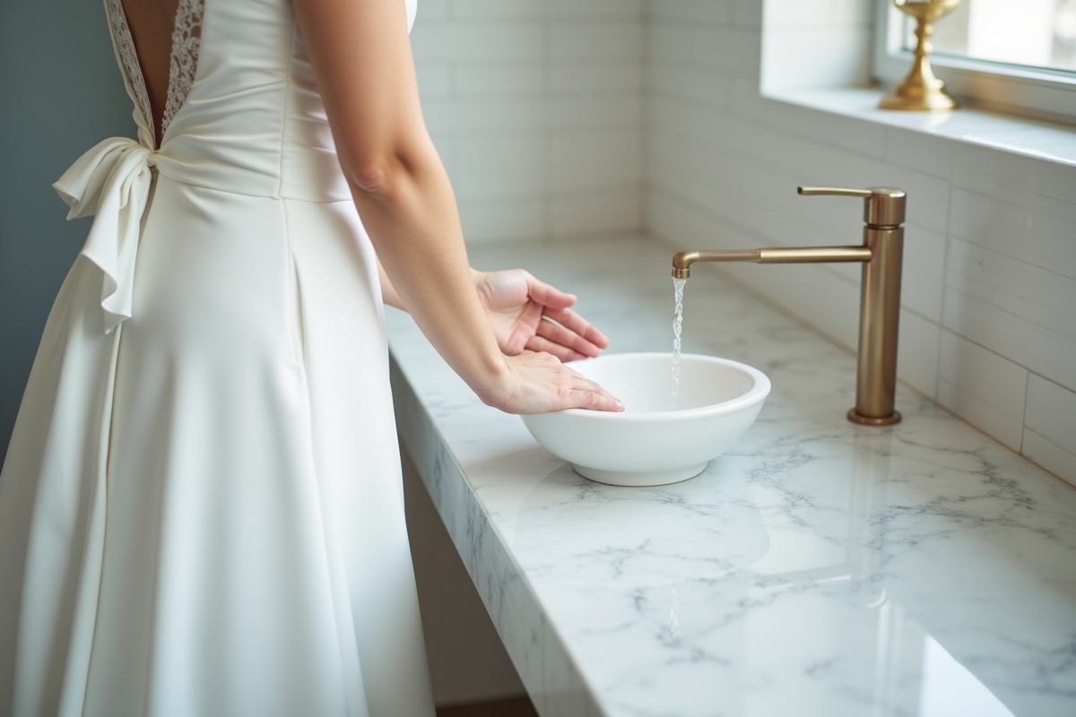 Robe de mariée blanche sur un comptoir avec mains près d