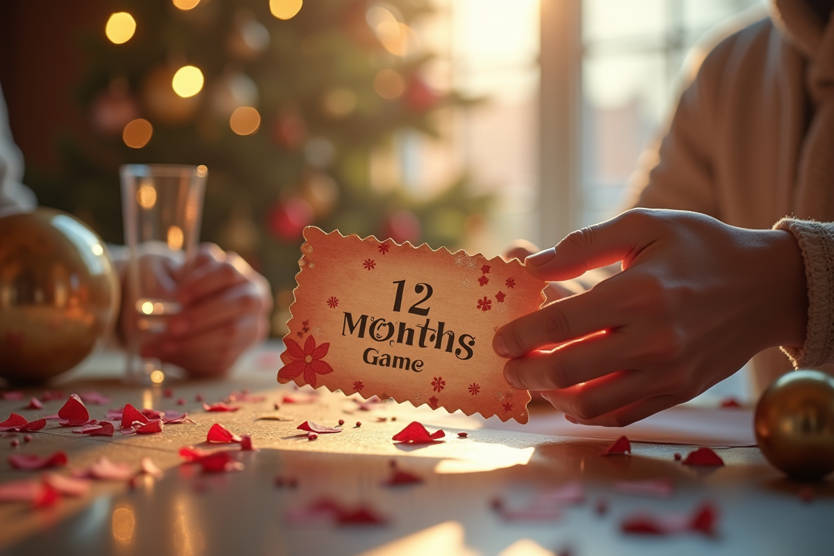 Mains tenant une enveloppe décorée avec le texte 12 mois jeu