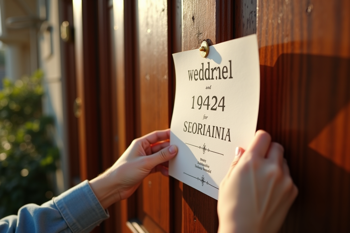 Mains fixant une annonce de mariage sur une porte d