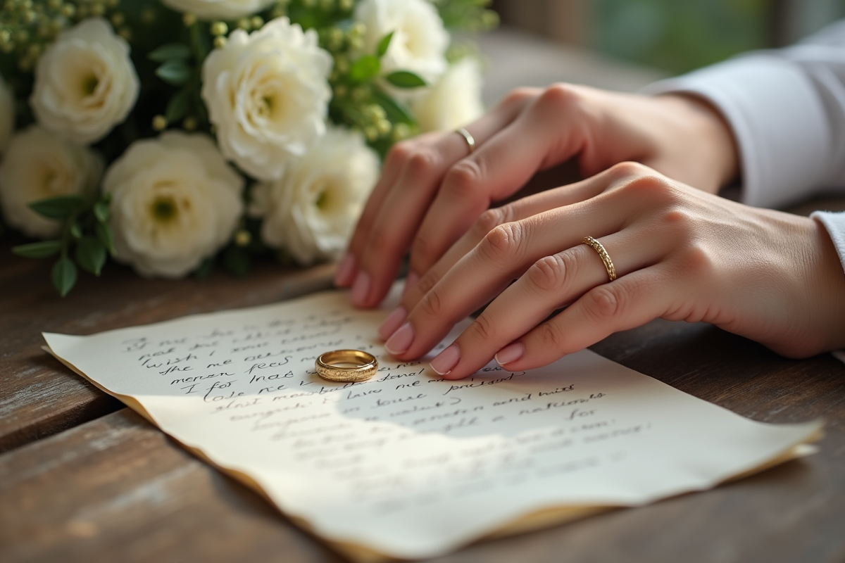 Deux mains avec alliances posant sur une lettre et un bouquet blanc