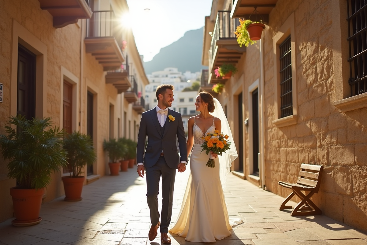 Jeune couple marchant main dans la main dans les rues ensoleillées de Gibraltar