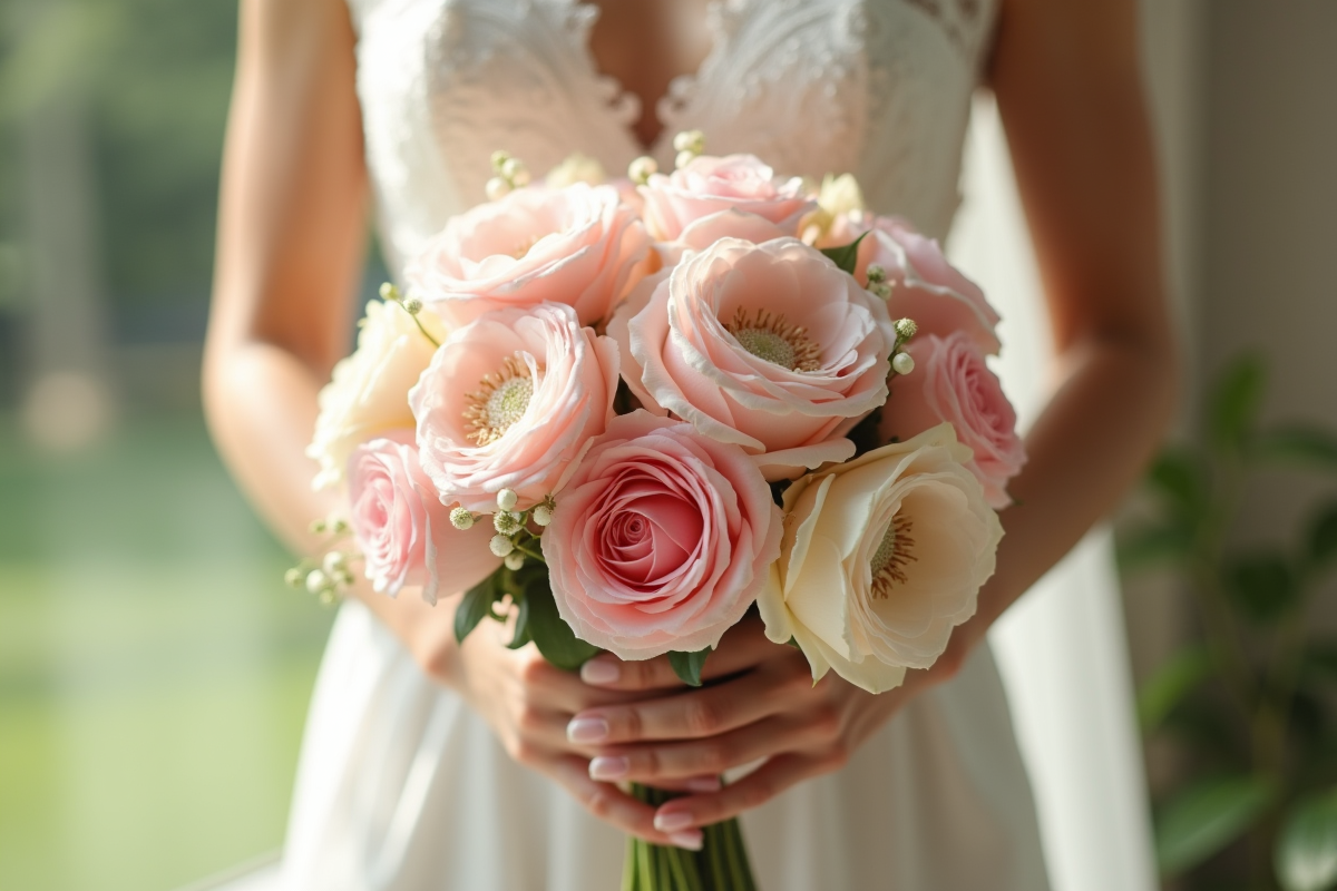 Mariée tenant un bouquet de fleurs fraîches en lumière naturelle