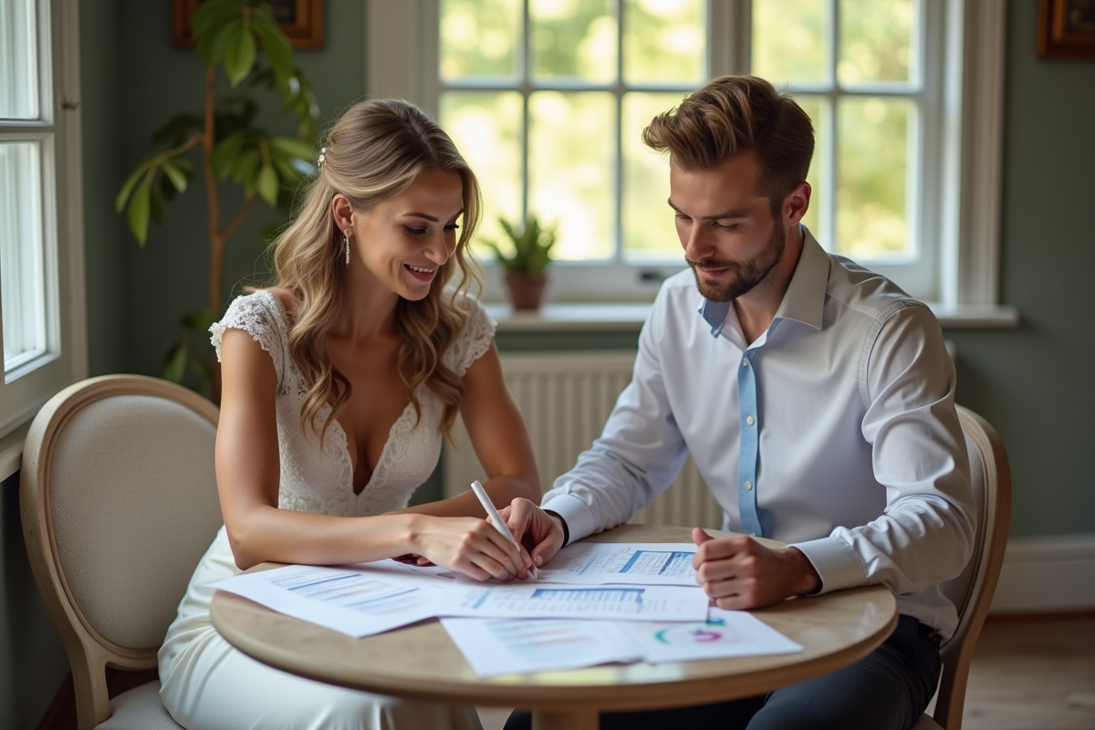 Jeune couple de mariés examinant un budget de mariage