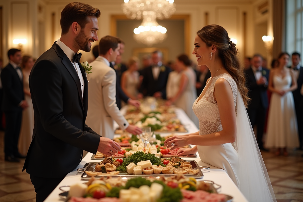Mariage avec buffet élégant et invités en intérieur