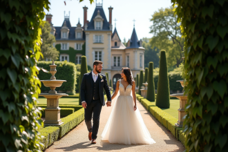 Jeune couple de mariés dans un jardin de château français