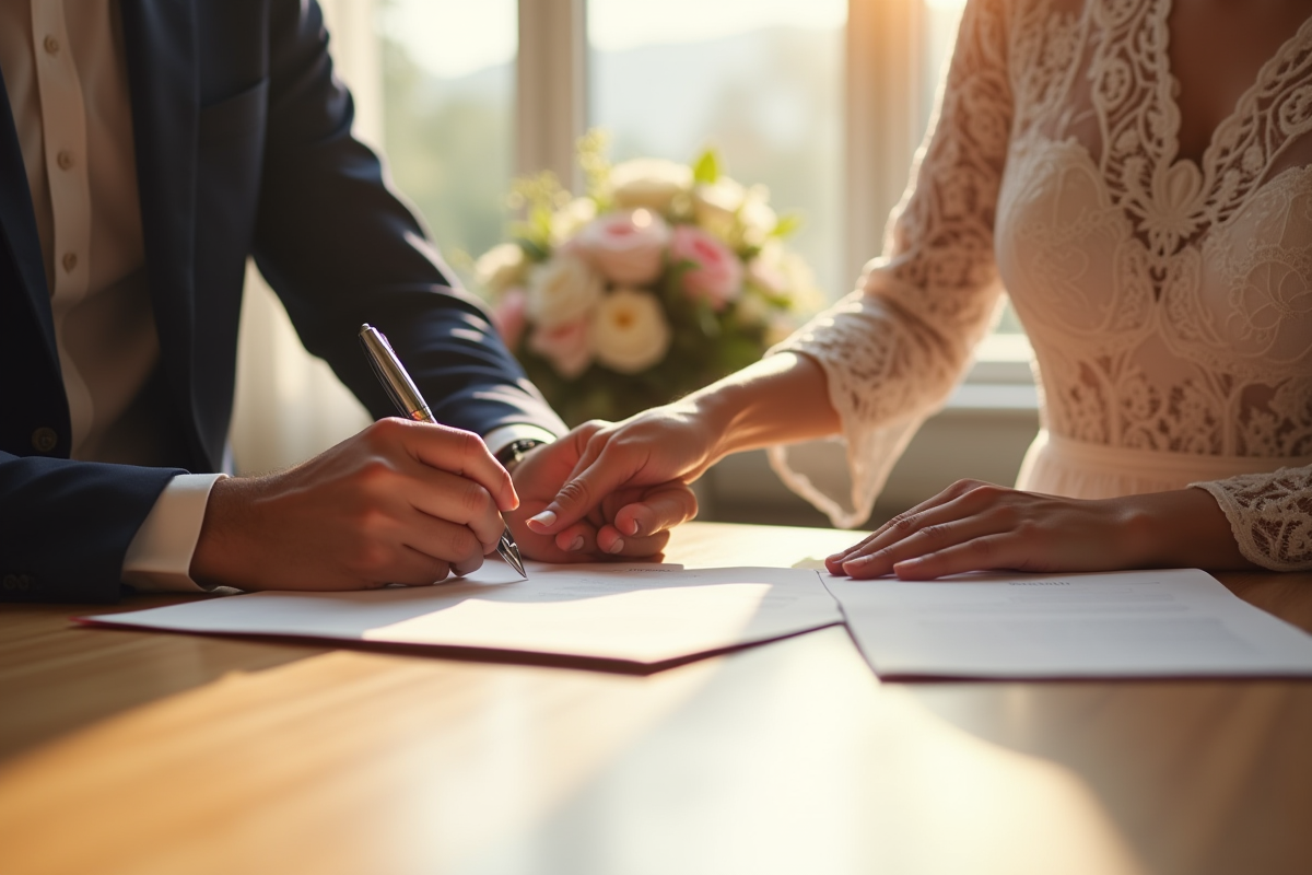 Couple heureux signant leur mariage à la table ensoleillée