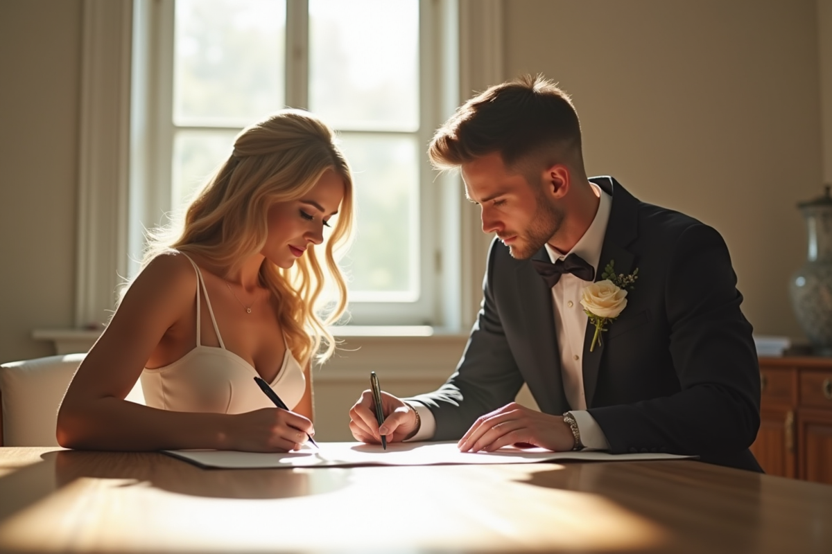 Couple en tenue élégante signant un mariage dans une mairie lumineuse