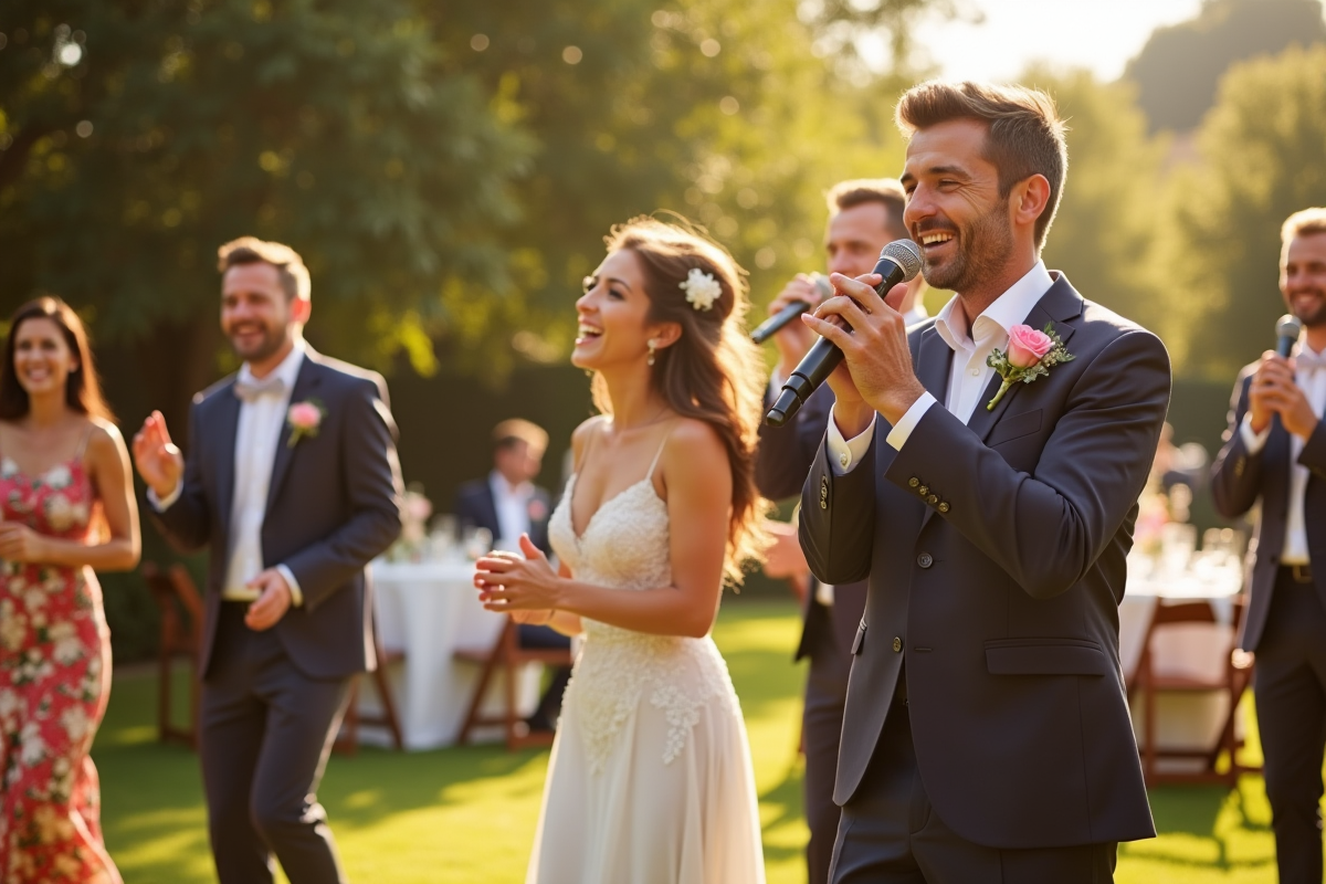 Cérémonie de mariage en plein air avec invités dansant en journée