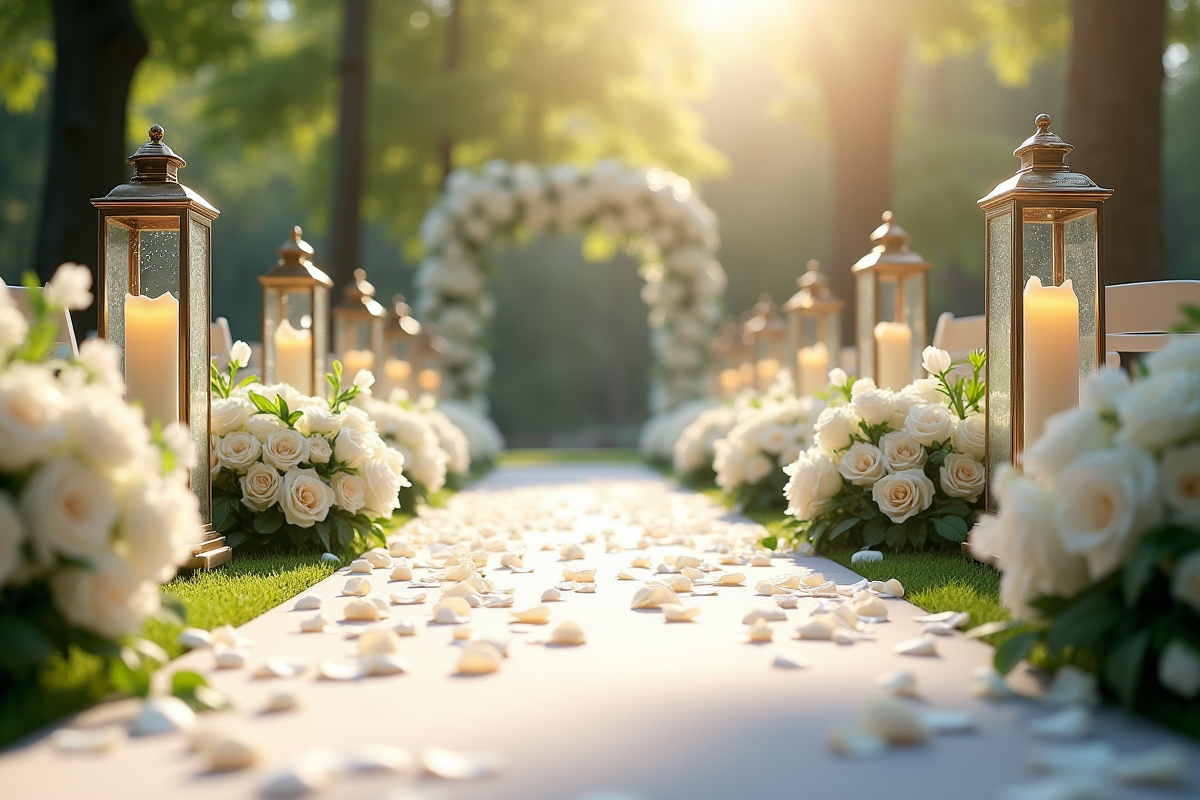 Allée de mariage en extérieur avec fleurs blanches et lanternes