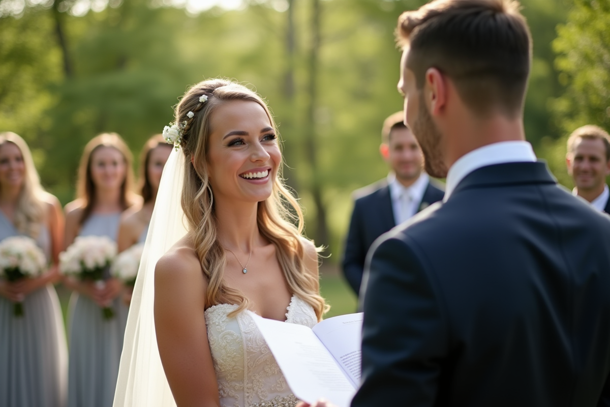 Jeune couple marié en extérieur avec un invité lisant un discours