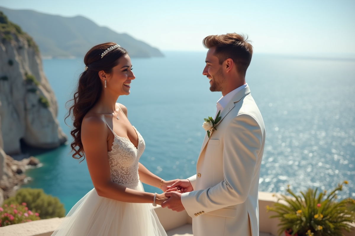 Jeune couple marié échangeant leurs vœux à Gibraltar avec la roche emblématique en arrière-plan