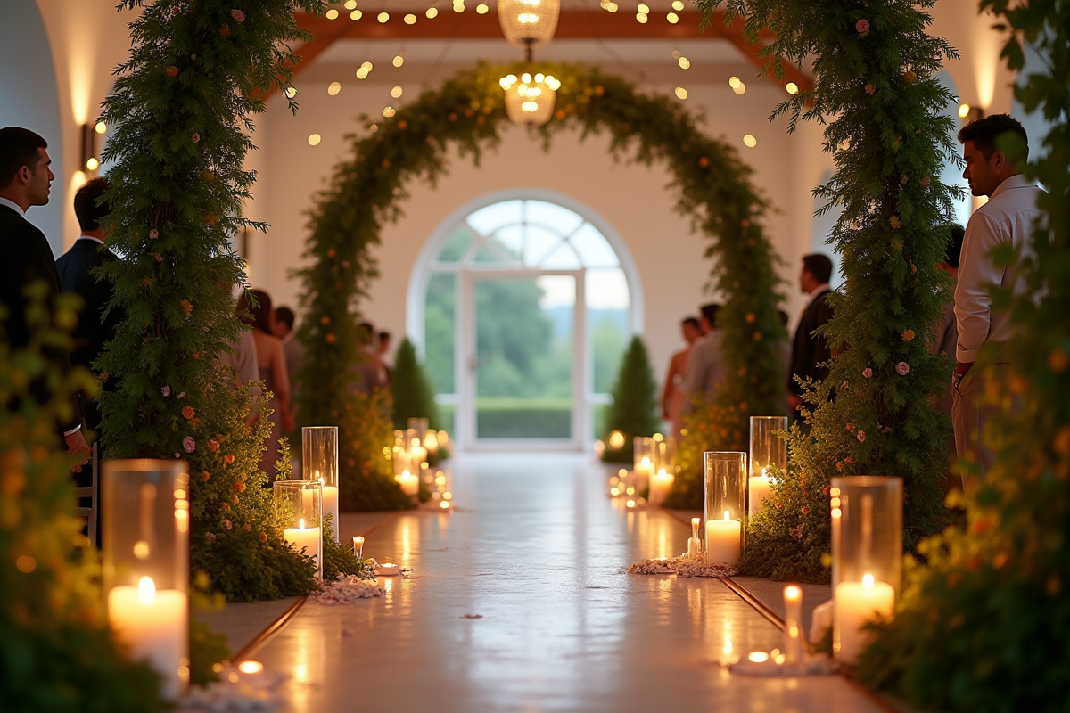 Allée de mariage intérieure avec arches de verdure et bougies