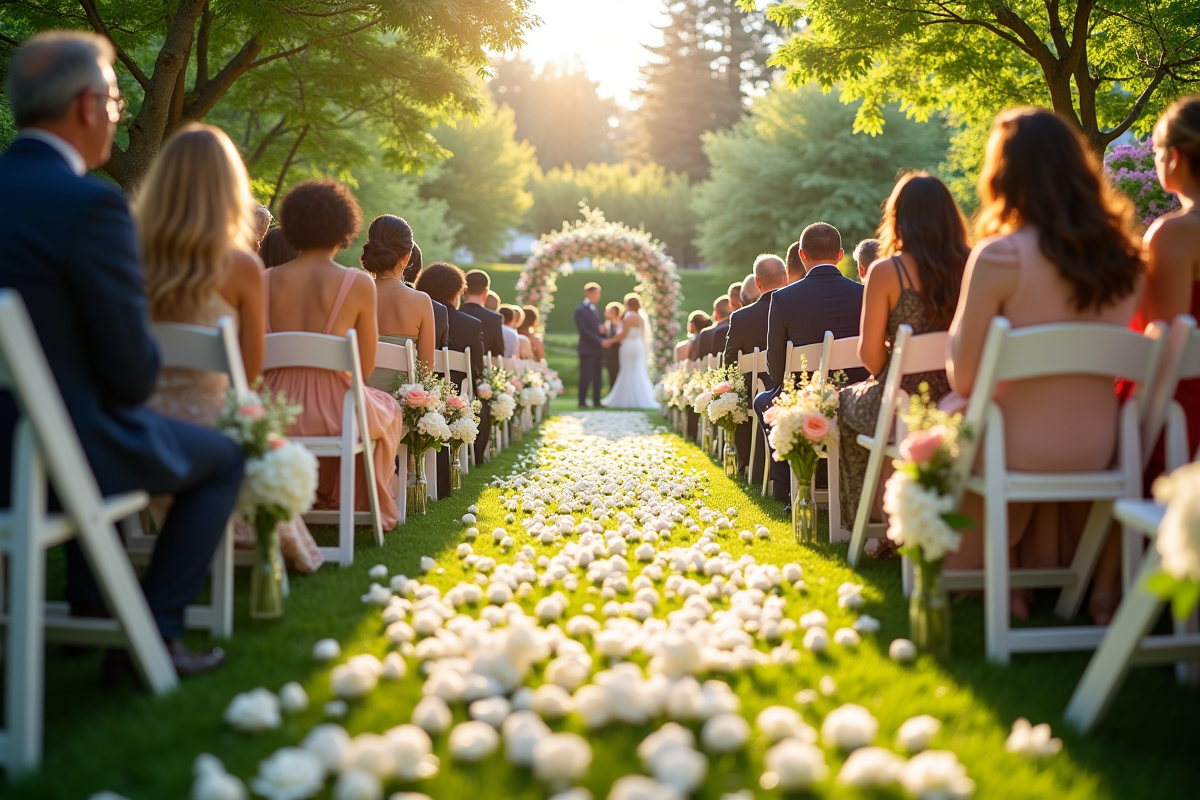 Cérémonie de mariage en plein air dans un jardin fleuri avec invités heureux