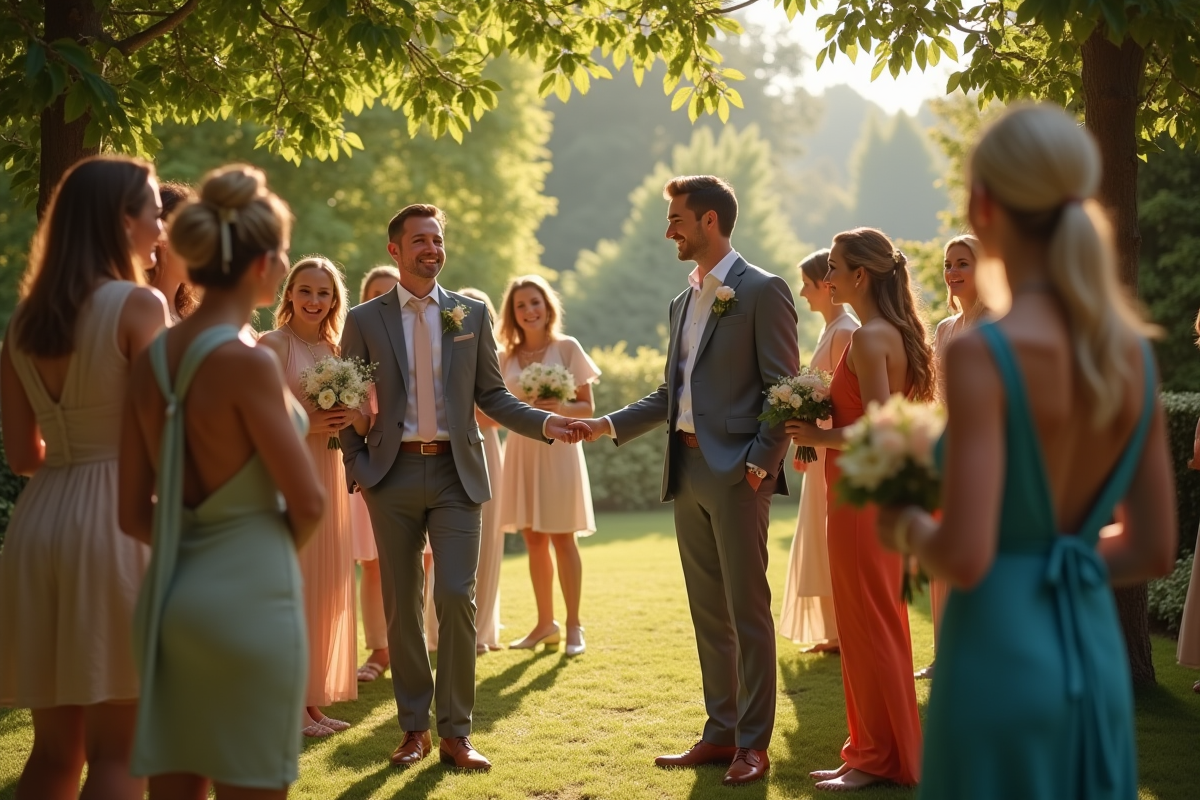 Invités élégants lors d'un mariage dans un jardin en plein air