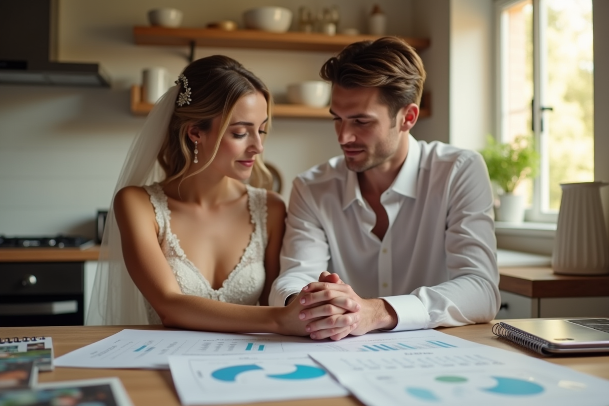 Jeune couple regardant documents de mariage à la cuisine