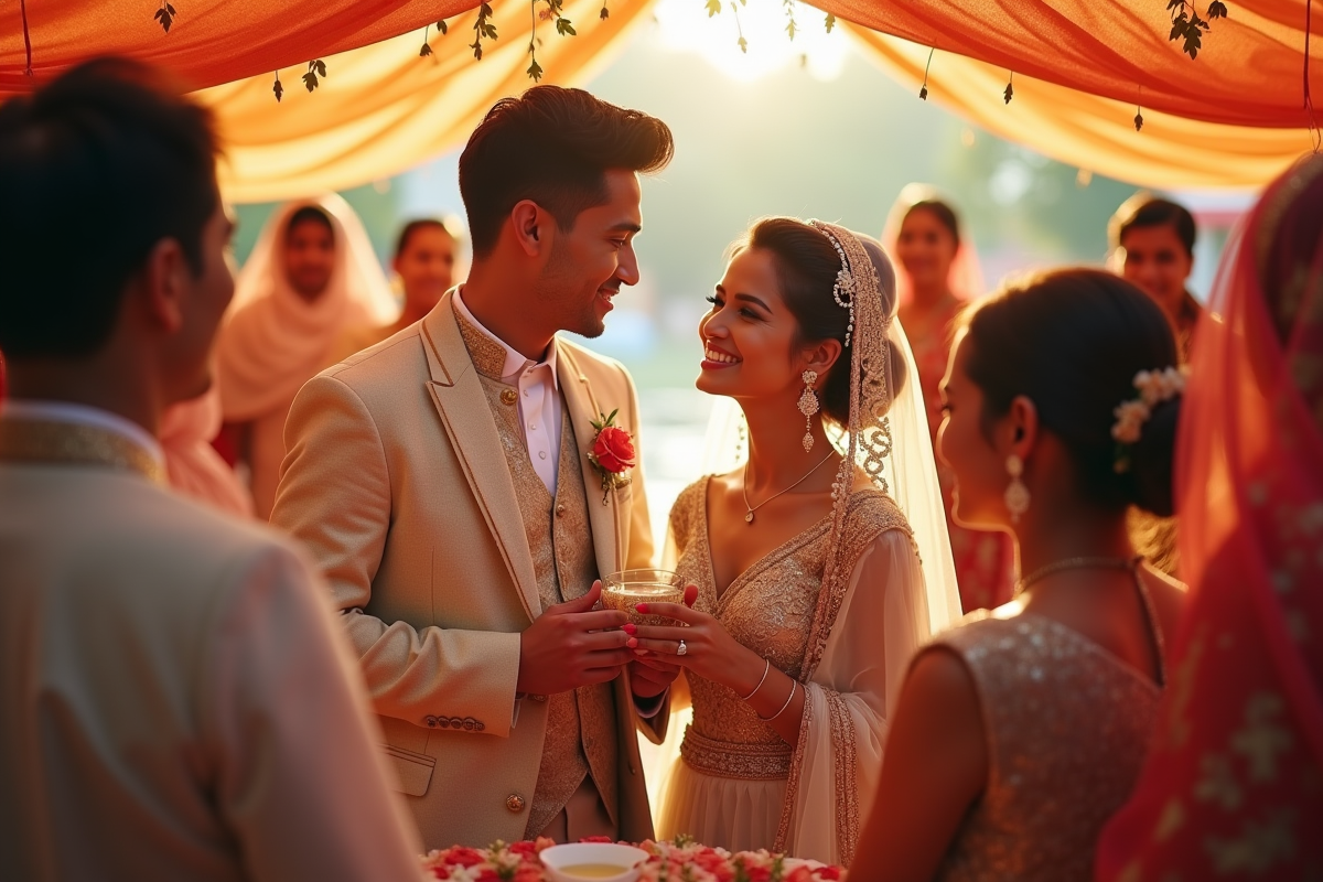 Cérémonie de mariage Milkah en plein air avec la mariée et le marié souriants