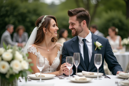 Jeune couple marié lors d'une réception en plein air