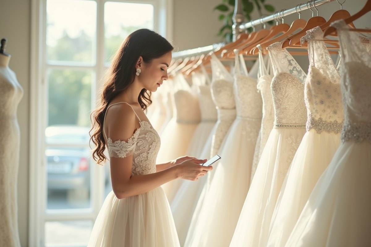 Jeune mariée dans une boutique de robes blanches élégantes