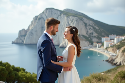 Jeune couple échangeant leurs vœux devant Gibraltar