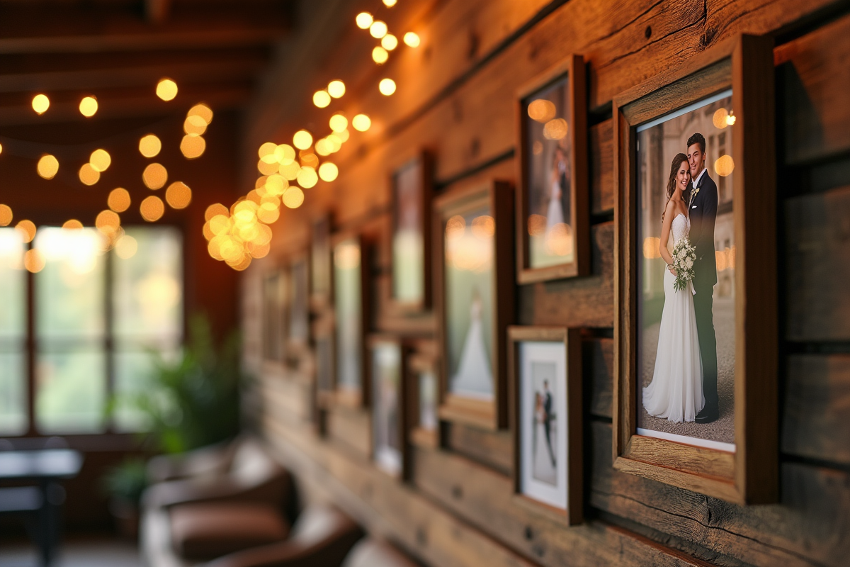 Mur rustique en bois avec photos de mariage et guirlandes lumineuses