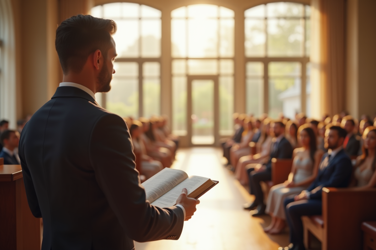 Officiant de mariage dans une salle lumineuse avec invités