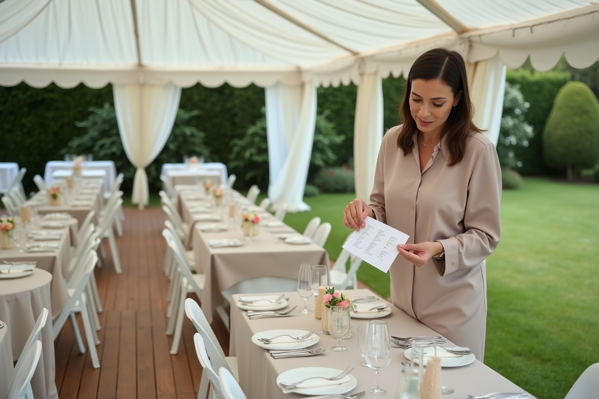 Organisatrice ajustant une carte de table en extérieur