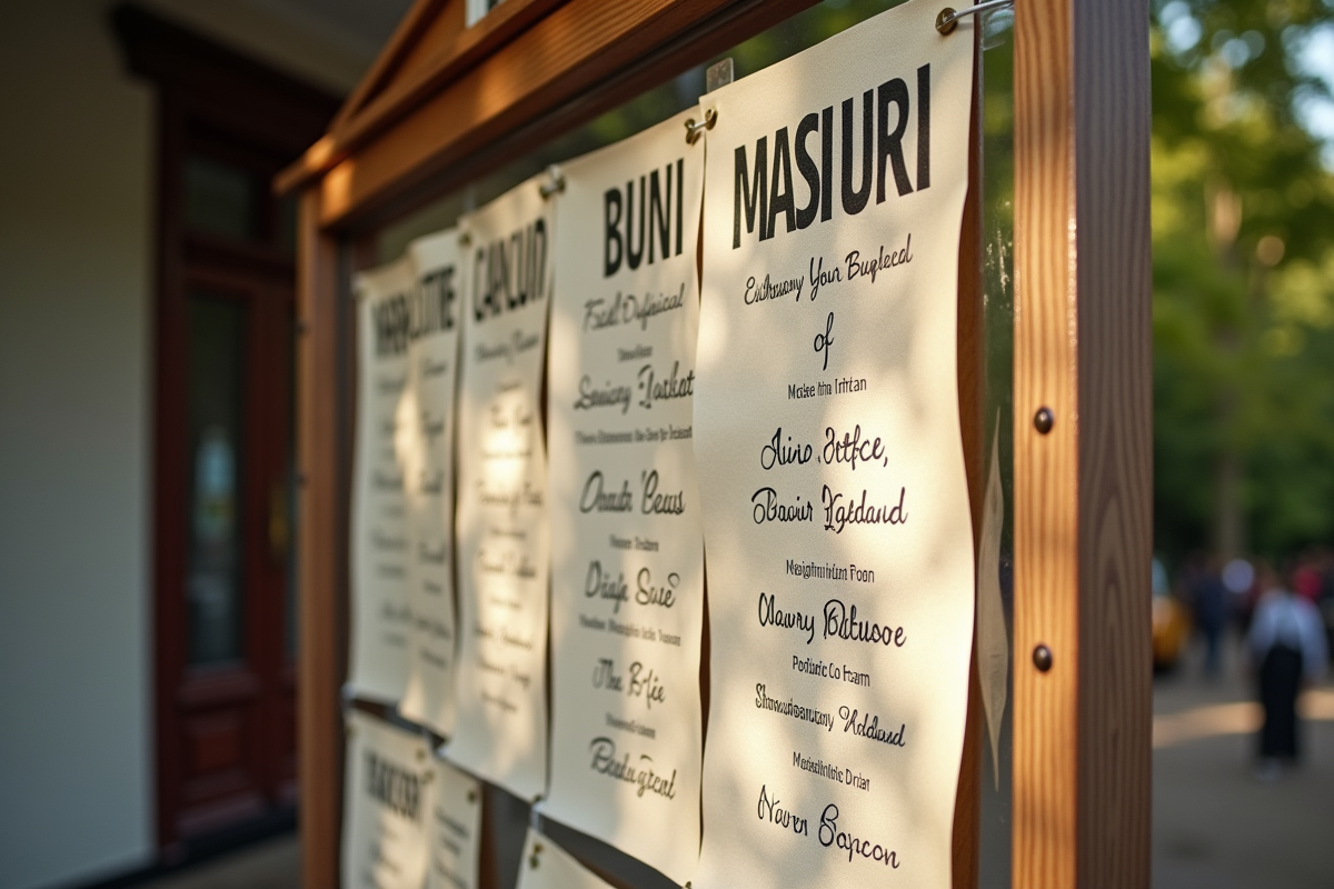 Affichage extérieur d'une mairie avec annonces de mariage