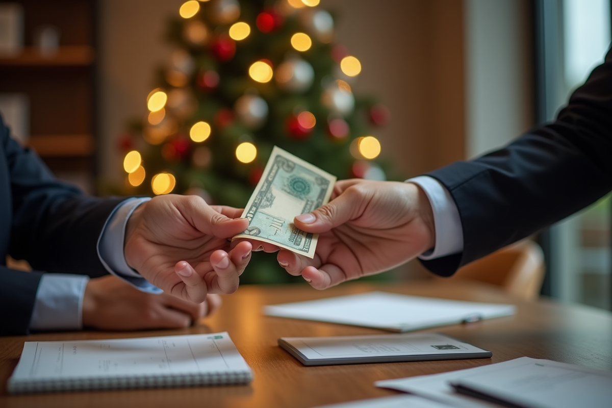 Main passant discrètement un billet sur une table en bois