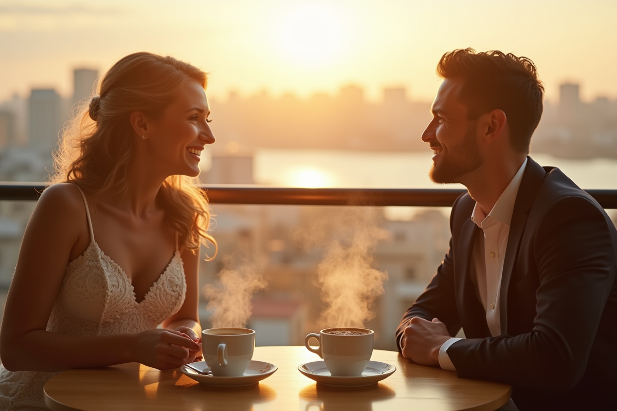 Couple profitant du petit déjeuner avec vue sur la ville