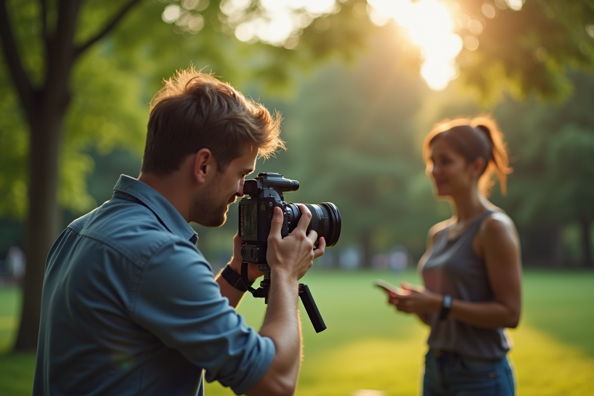 Photographe ajustant son appareil photo lors d’un événement en extérieur