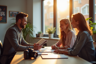 Photographe montrant son portfolio à un couple souriant dans un studio lumineux