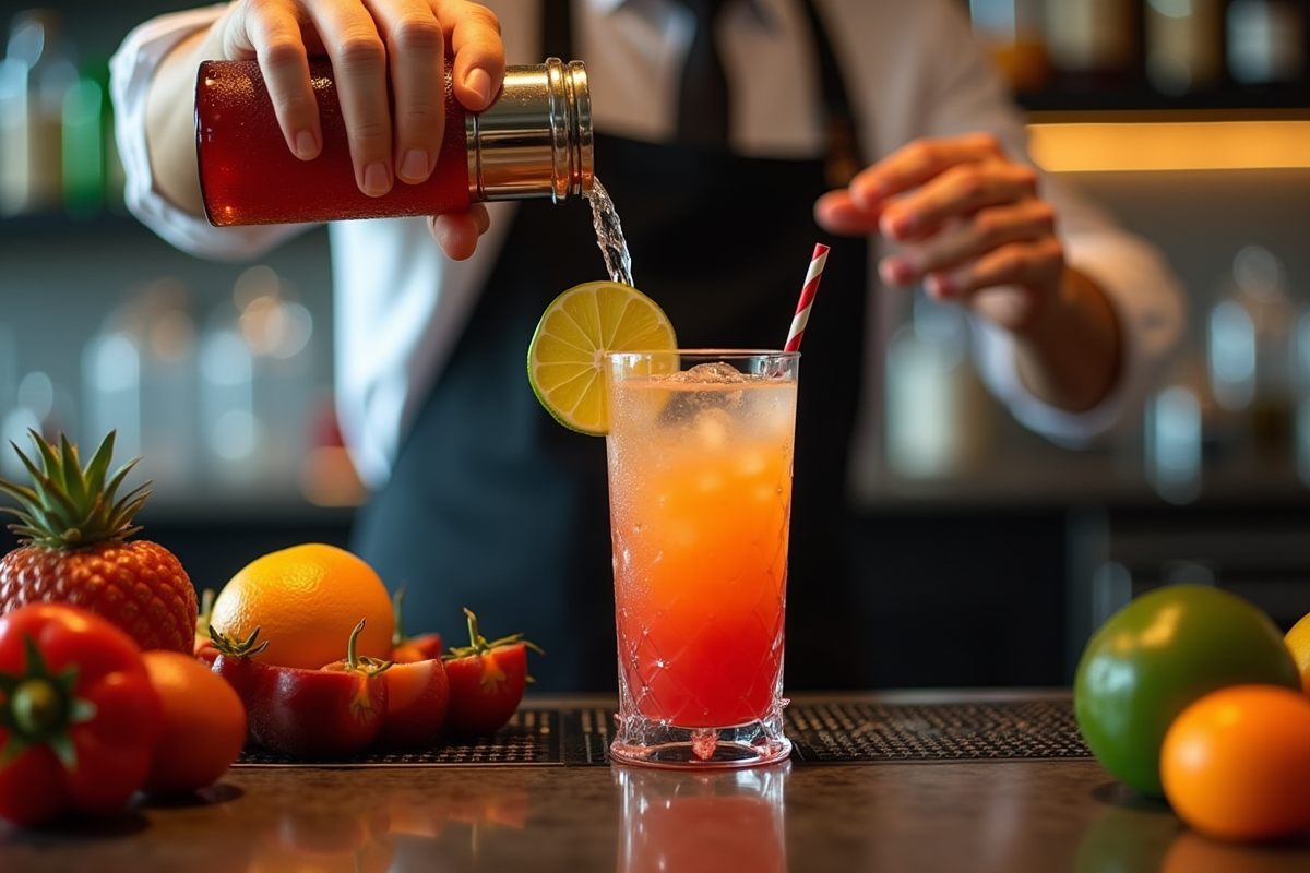 Barman versant un cocktail coloré avec ingrédients frais