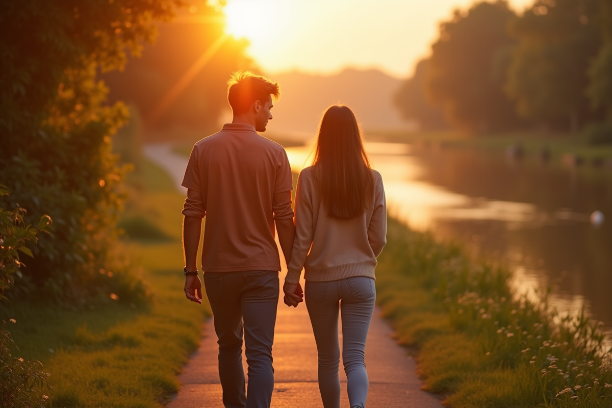 Jeune couple marchant au coucher du soleil