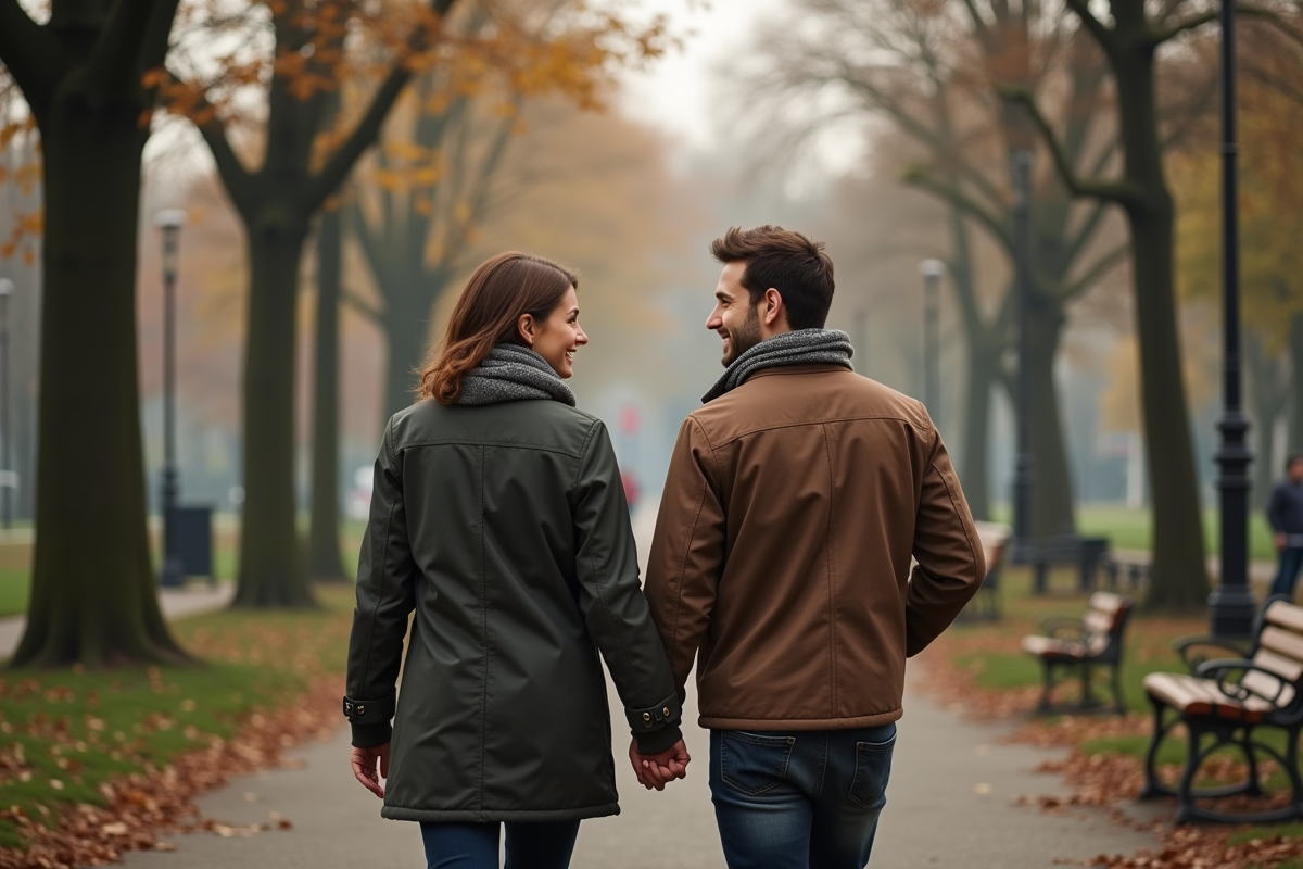 Deux personnes marchant dans un parc urbain