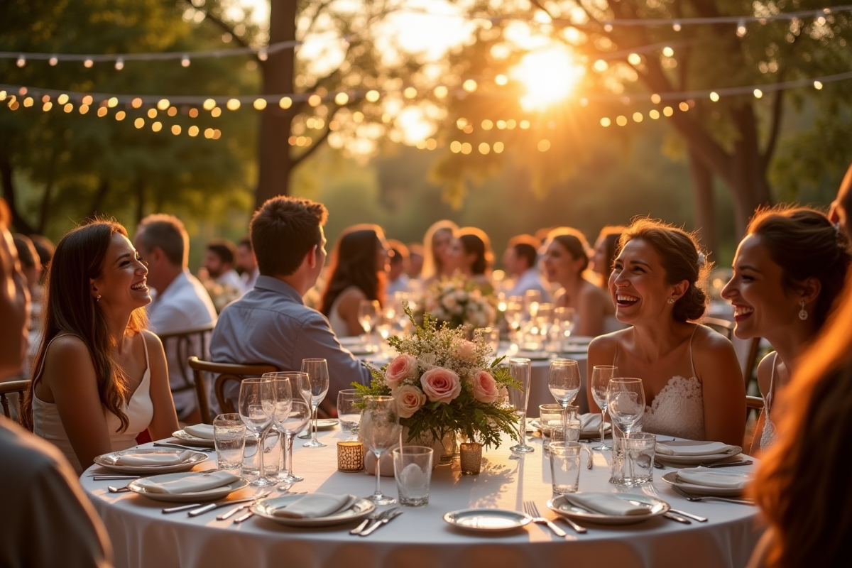 Réception de mariage en plein air à l'heure dorée avec invités heureux