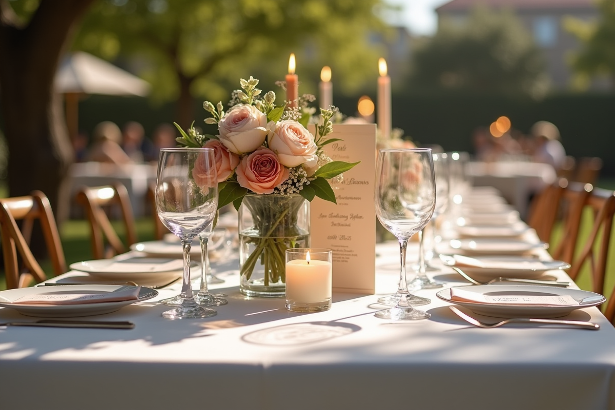 Table de réception de mariage élégante en plein air