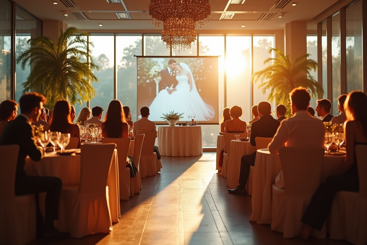Réception de mariage dans un lieu lumineux et moderne avec projection