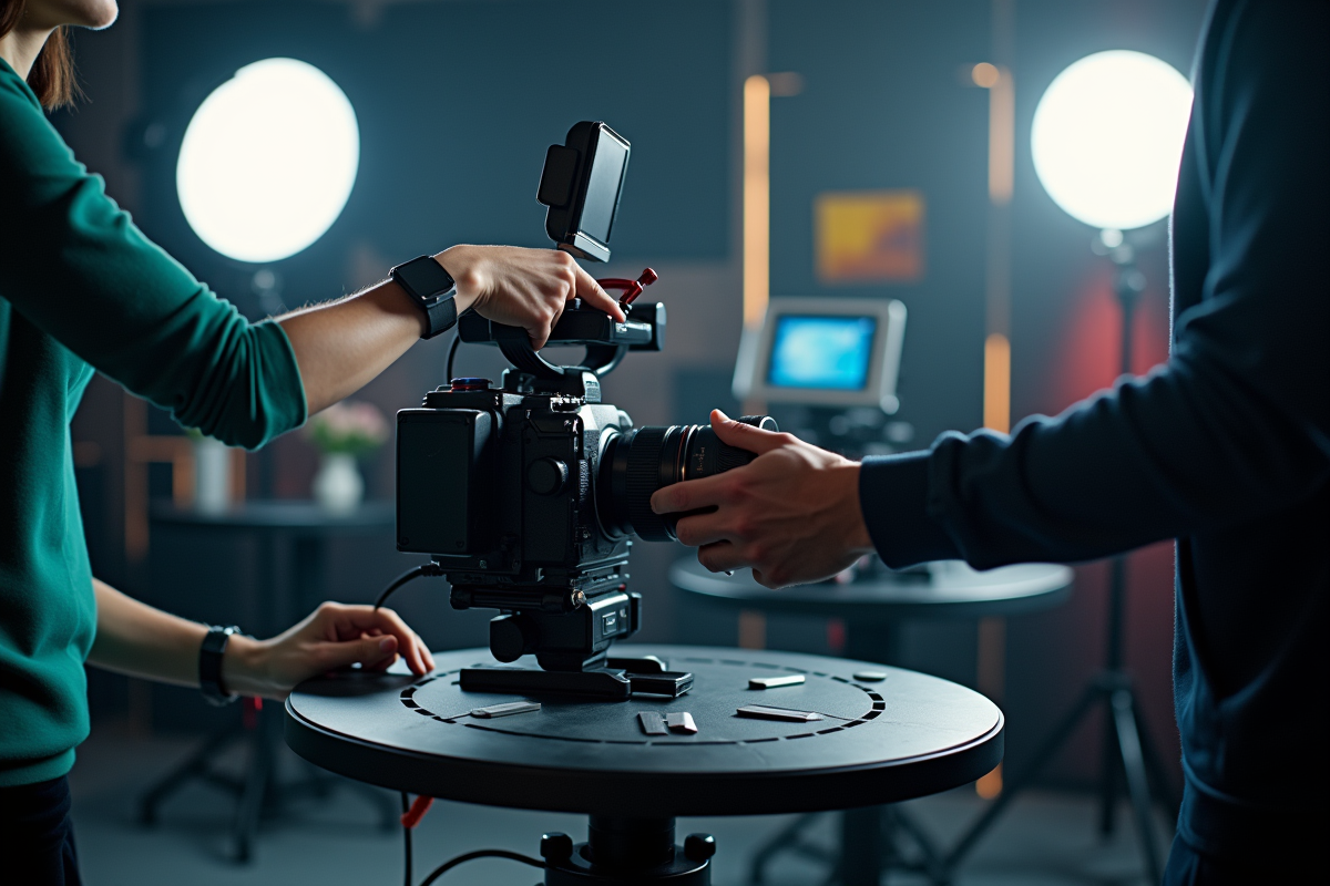 Mains ajustant une camera professionnelle sur plateforme 360