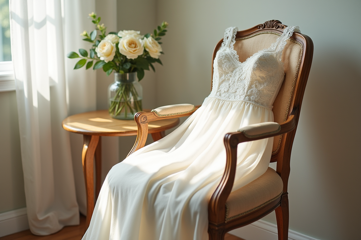 Robe de mariée en dentelle sur une chaise vintage lumineuse